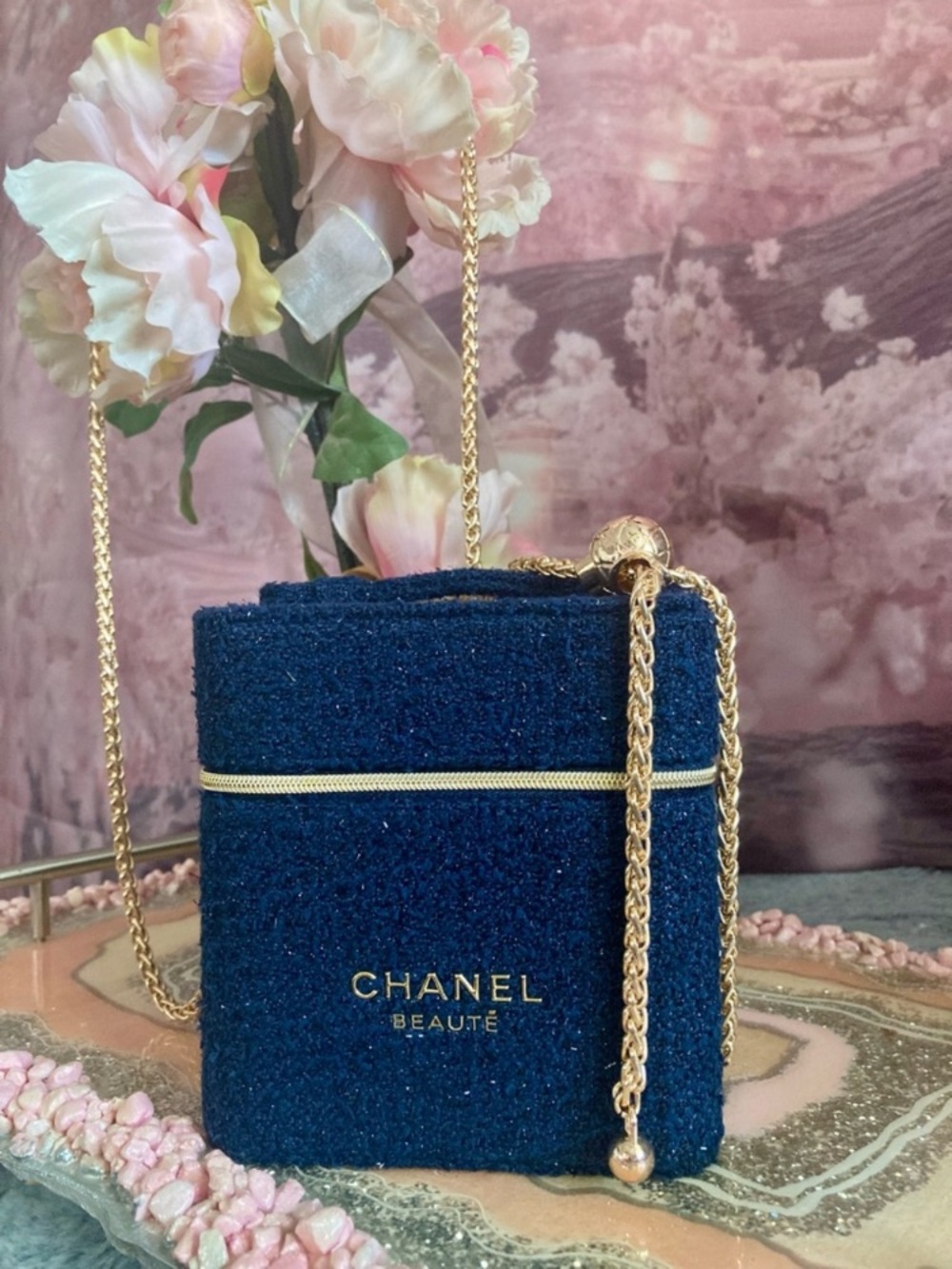 CHANEL Navy Blue Tweed Vanity Crossbody with Gold Chain